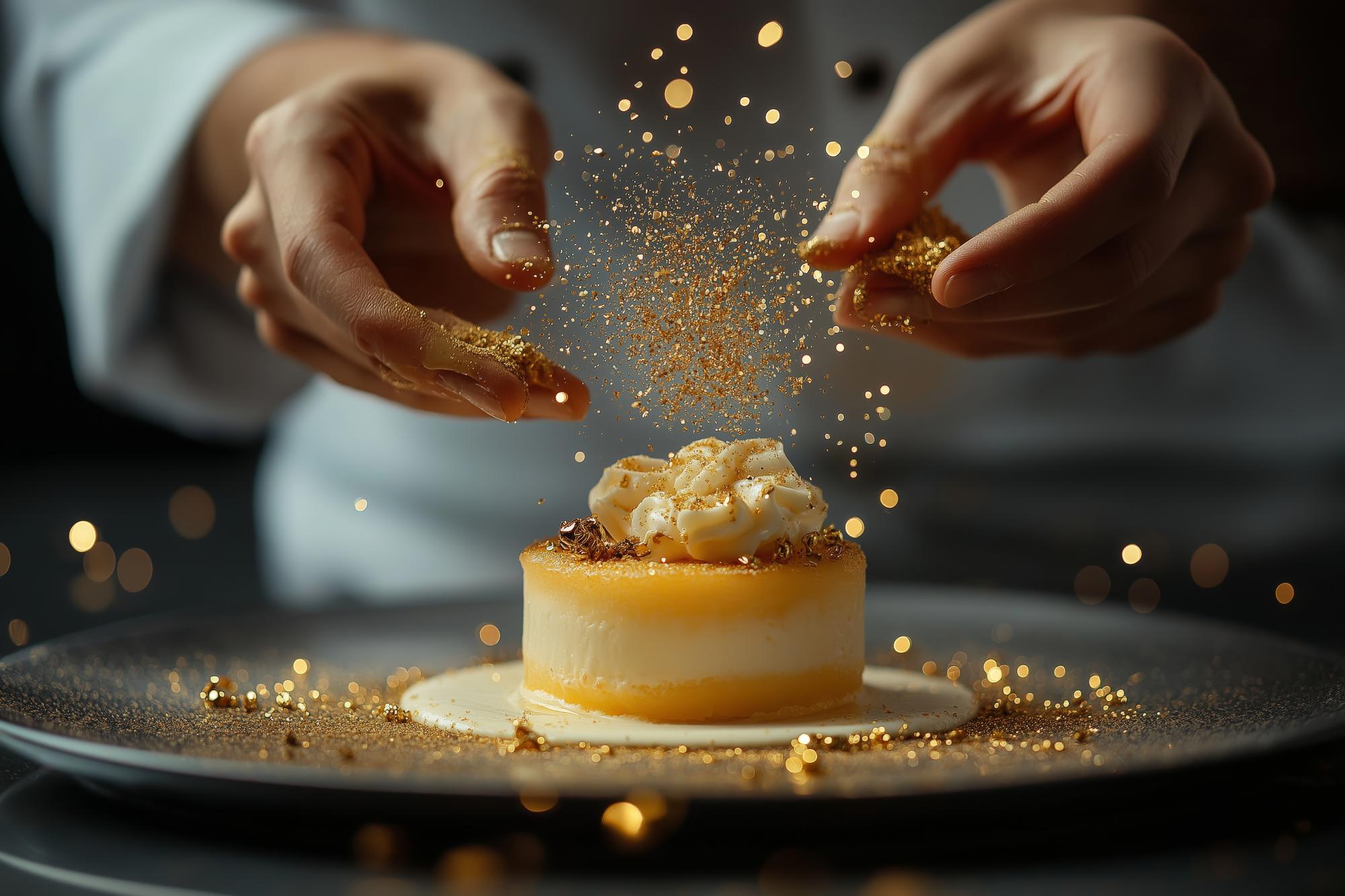 Chef hands garnishing dessert with gold leaf